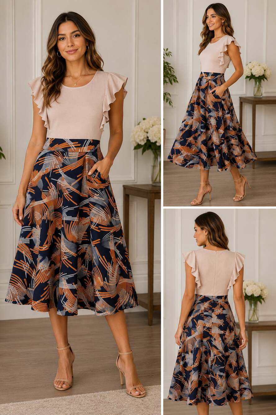 YATHON Ruffle Sleeve Mixed Print Midi Dress • Size Medium 💫